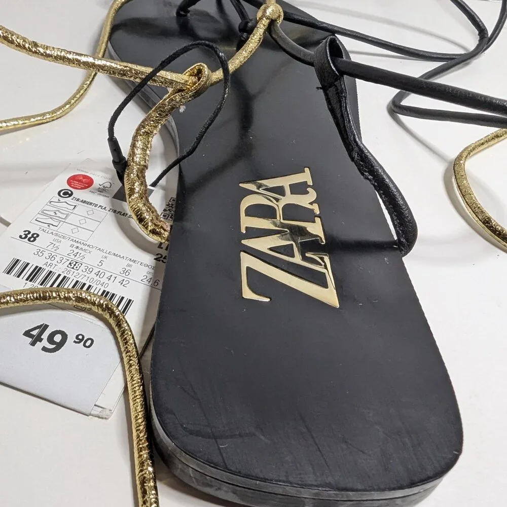 ZARA NWT Sandals strappy flat gladiator roman SZ 7.5 LACED UP boho  bold SUBLIME - Picture 9 of 10